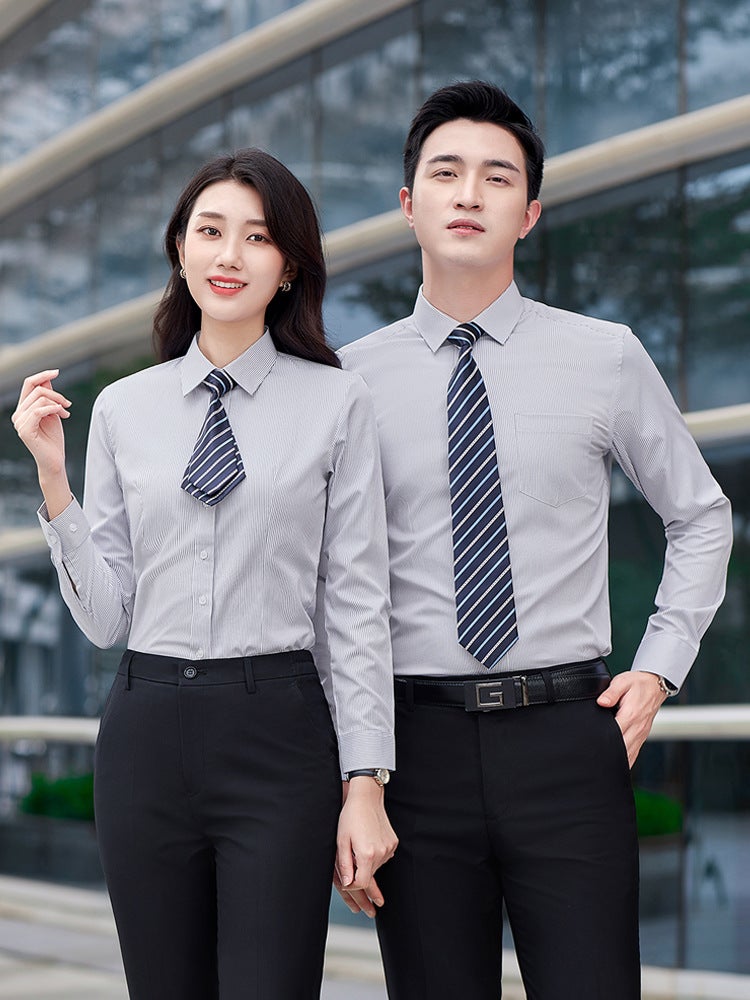 Pinstriped Lapel Iron-Free Professional Shirt Men'S And Women'S Overalls Summer Overalls Short-Sleeved Manager Formal Overalls Printed And Embroidered Logo - Image 2