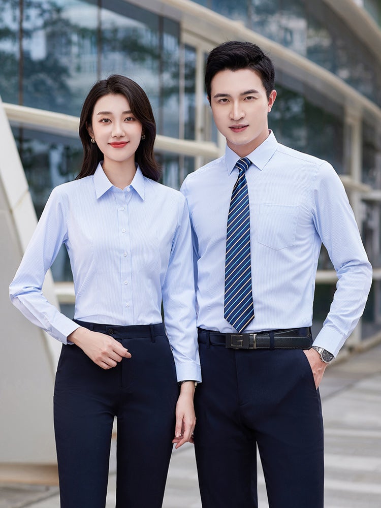 Pinstriped Lapel Iron-Free Professional Shirt Men'S And Women'S Overalls Summer Overalls Short-Sleeved Manager Formal Overalls Printed And Embroidered Logo - Image 4