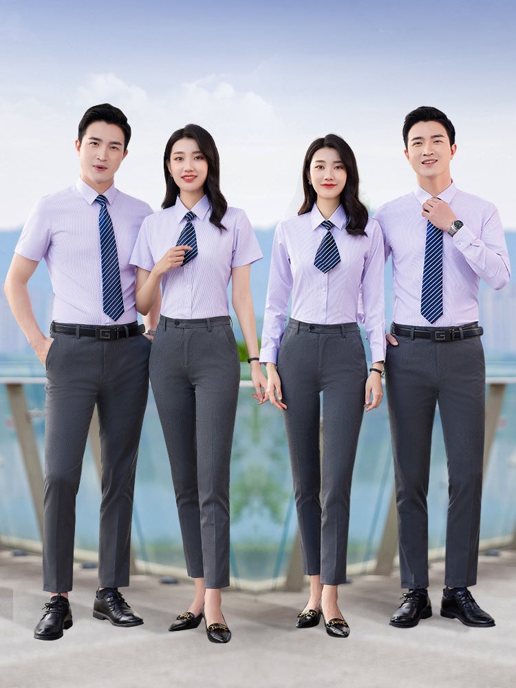 Pinstriped Lapel Iron-Free Professional Shirt Men'S And Women'S Overalls Summer Overalls Short-Sleeved Manager Formal Overalls Printed And Embroidered Logo - Image 3