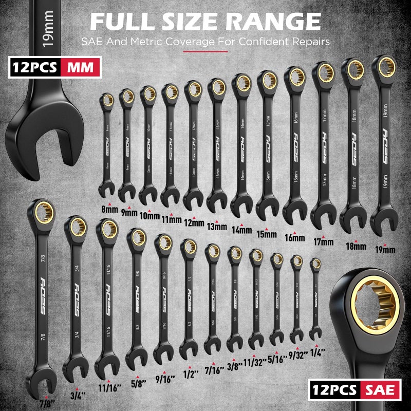SEDY Premium 24-Piece Ratcheting Wrench Set, SAE(1/4-7/8") & Metric(8â€“19mm) Combination Wrenches, 72-Tooth CR-V Steel with Durable Black Finish, Ratchet Spanners with Roll-Up Tool Pouch for Repair - Image 2