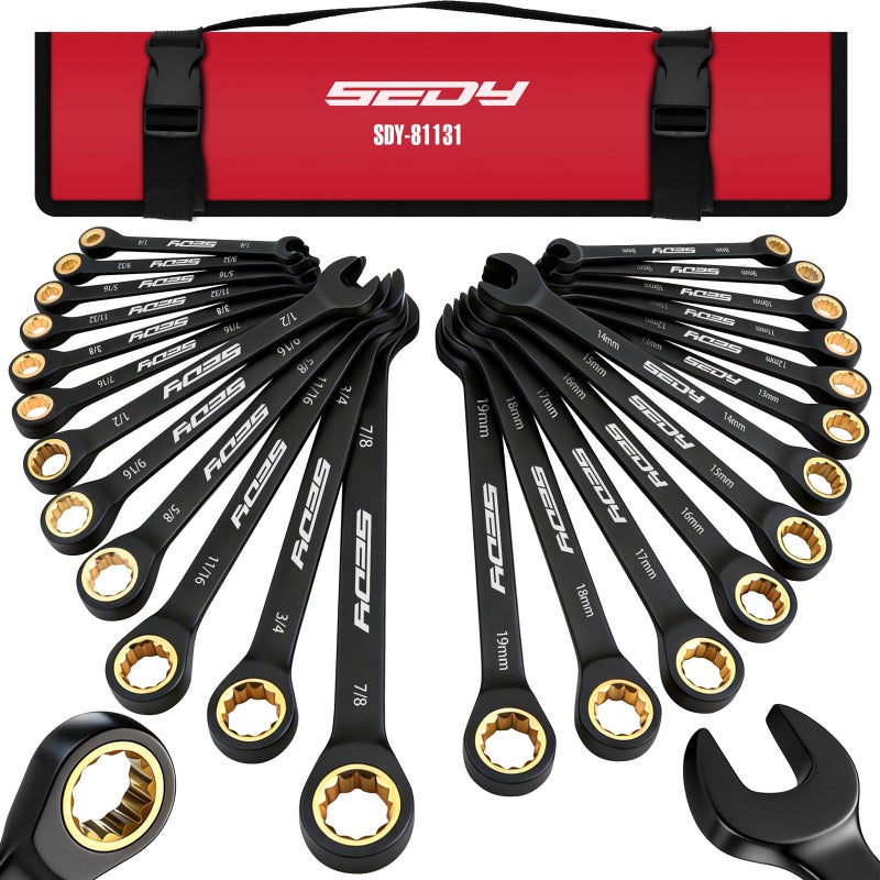SEDY Premium 24-Piece Ratcheting Wrench Set, SAE(1/4-7/8") & Metric(8â€“19mm) Combination Wrenches, 72-Tooth CR-V Steel with Durable Black Finish, Ratchet Spanners with Roll-Up Tool Pouch for Repair - Image 1