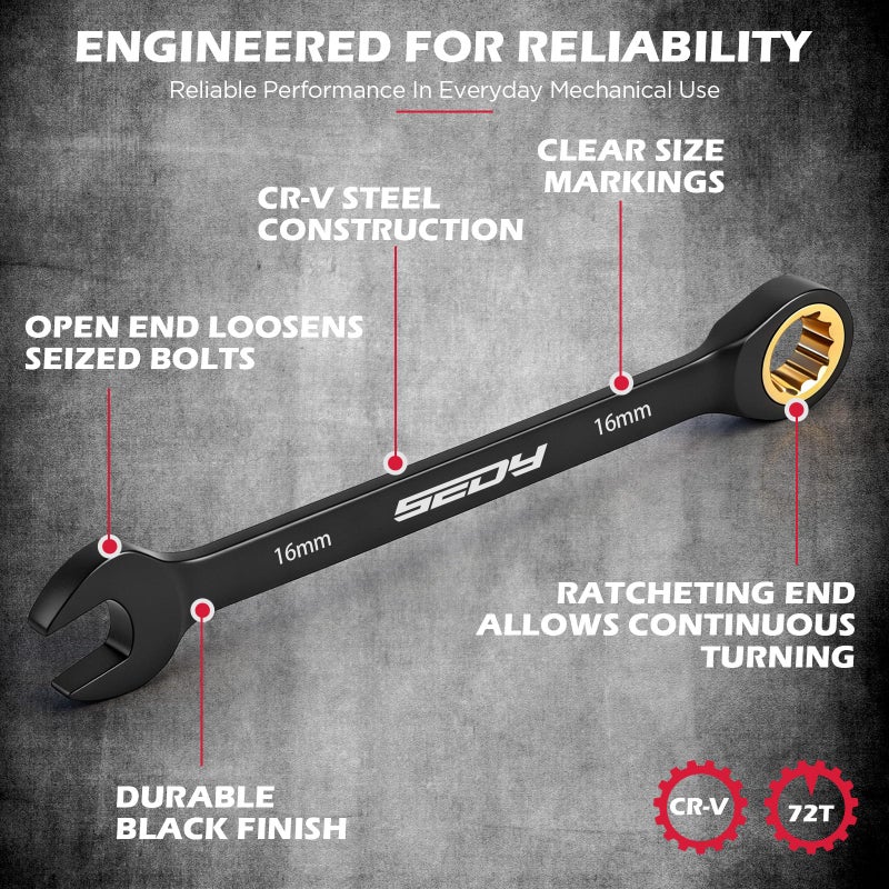 SEDY Premium 24-Piece Ratcheting Wrench Set, SAE(1/4-7/8") & Metric(8â€“19mm) Combination Wrenches, 72-Tooth CR-V Steel with Durable Black Finish, Ratchet Spanners with Roll-Up Tool Pouch for Repair - Image 5