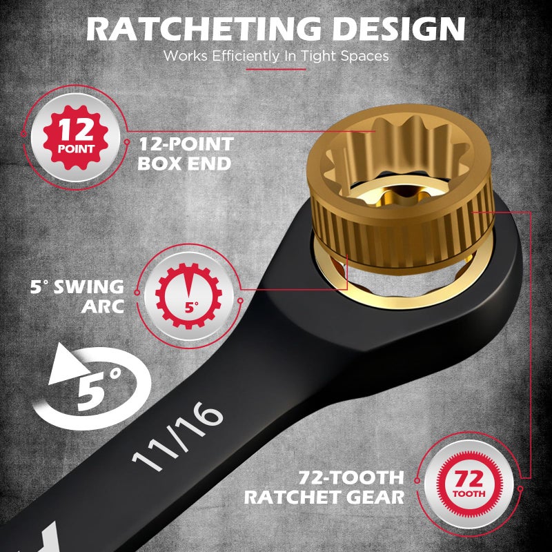 SEDY Premium 24-Piece Ratcheting Wrench Set, SAE(1/4-7/8") & Metric(8â€“19mm) Combination Wrenches, 72-Tooth CR-V Steel with Durable Black Finish, Ratchet Spanners with Roll-Up Tool Pouch for Repair - Image 3
