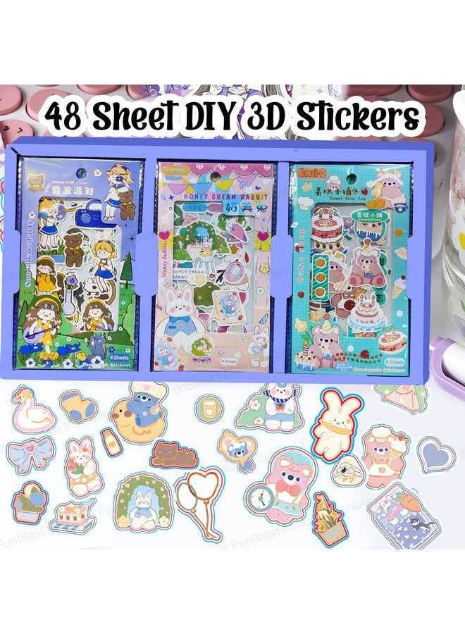 فنبلاست مجموعة ملصقات فن بلاست كاواي - 48 ورقة (340 قطعة) ملصقات ثلاثية الأبعاد للبنات، ملصقات جمالية، ملصقات ذاتية اللصق، ملصقات للتدوين، سكرابوكينغ، مجموعة ملصقات لطيفة (أرجواني) - Image 3