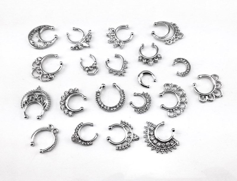 Honbay 20pcs Fake Septum Clicker Nose Ring Rhinestone Non Piercing Hanger Clip Body Jewelry (Silver) - Image 2