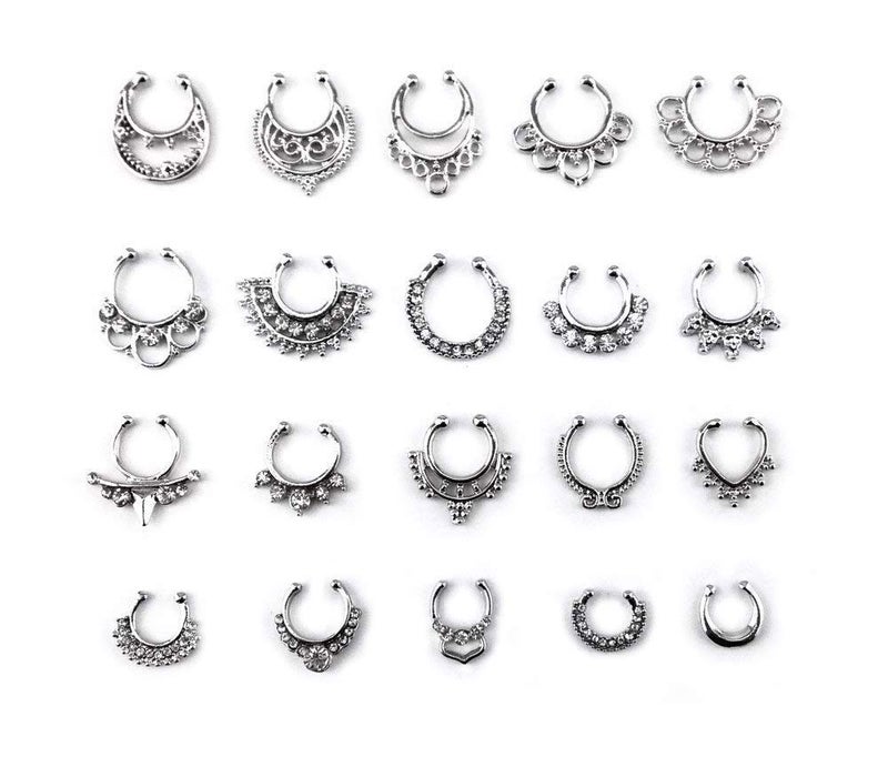 Honbay 20pcs Fake Septum Clicker Nose Ring Rhinestone Non Piercing Hanger Clip Body Jewelry (Silver) - Image 1