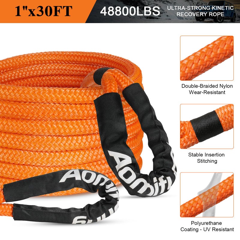 Aomifunny 1" x30ft Kinetic Recovery Tow Rope Kit, 48,800 lbs Break Strength, 35% Elasticity, with 2 Soft Shackles, Heavy Duty Tow Strap for Offroad Jeep, SUV, Truck, ATV, UTV, Tractor & 4x4 Vehicles - Image 2