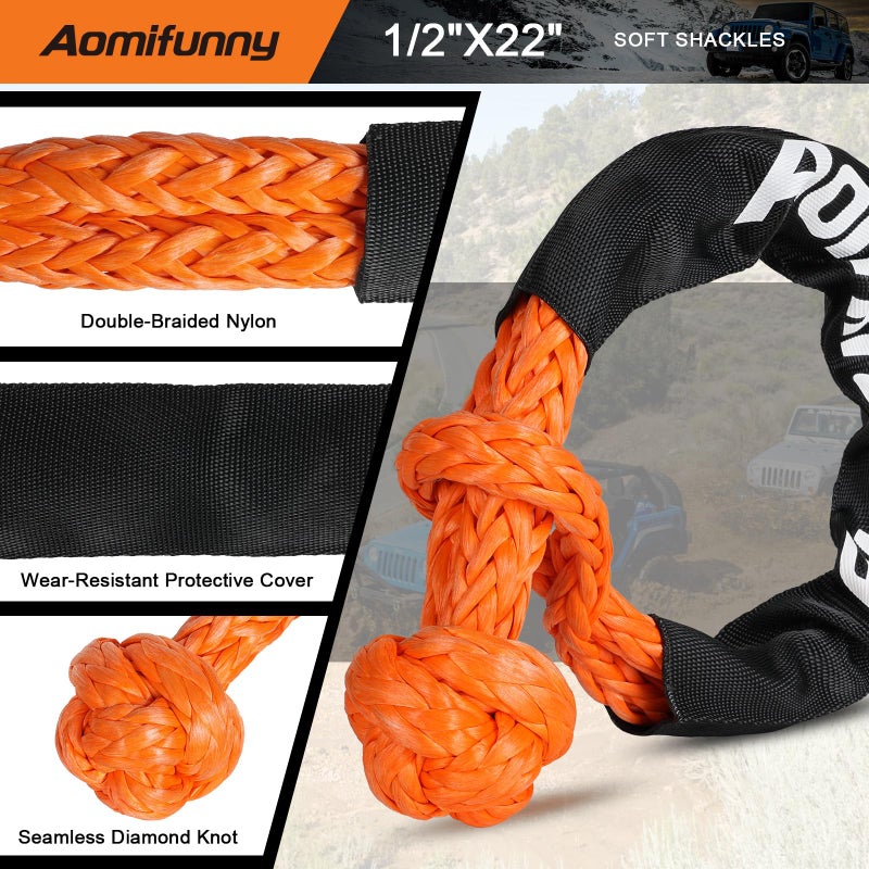 Aomifunny 1" x30ft Kinetic Recovery Tow Rope Kit, 48,800 lbs Break Strength, 35% Elasticity, with 2 Soft Shackles, Heavy Duty Tow Strap for Offroad Jeep, SUV, Truck, ATV, UTV, Tractor & 4x4 Vehicles - Image 3