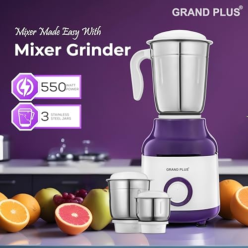GRAND PLUS Mixer Grinder 550 W Mixer Grinder (Neo | 3 Jars | White, Purple) (Warranty 1 Year) | Juicer, Blender & Mixer for Grinding, Blending & Juicing | Shockproof ABS Body | - Image 3