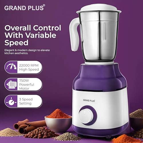 GRAND PLUS Mixer Grinder 550 W Mixer Grinder (Neo | 3 Jars | White, Purple) (Warranty 1 Year) | Juicer, Blender & Mixer for Grinding, Blending & Juicing | Shockproof ABS Body | - Image 4