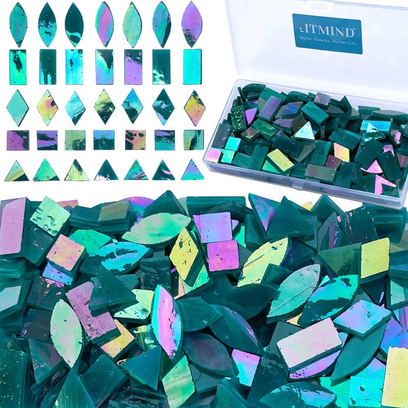 LITMIND Turquoise Iridescent Stained Glass Mosaic Tiles for Crafts 240 Pieces 5 Shapes Mixed Rectangle Triangle Rhombus Square Leaf Ideal for Mosaic Making Projects and Beginners