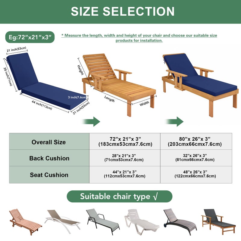 Summsun Chaise Lounge Cushions Outdoor Set of 2 - Waterproof and Fade Resistant Sun Lounger Replacement Cushions - Patio Lounger Pads with Removable Cover for Pool, Deck, 72 x 21 x 3 Inch, Navy - Image 3