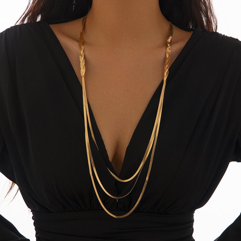 SHIXIN European and American Cross-Border Accessories - Ins Style Versatile Flat Snake Bone Necklace with Tassel Multi-Layer Clavicle Chain - Image 2