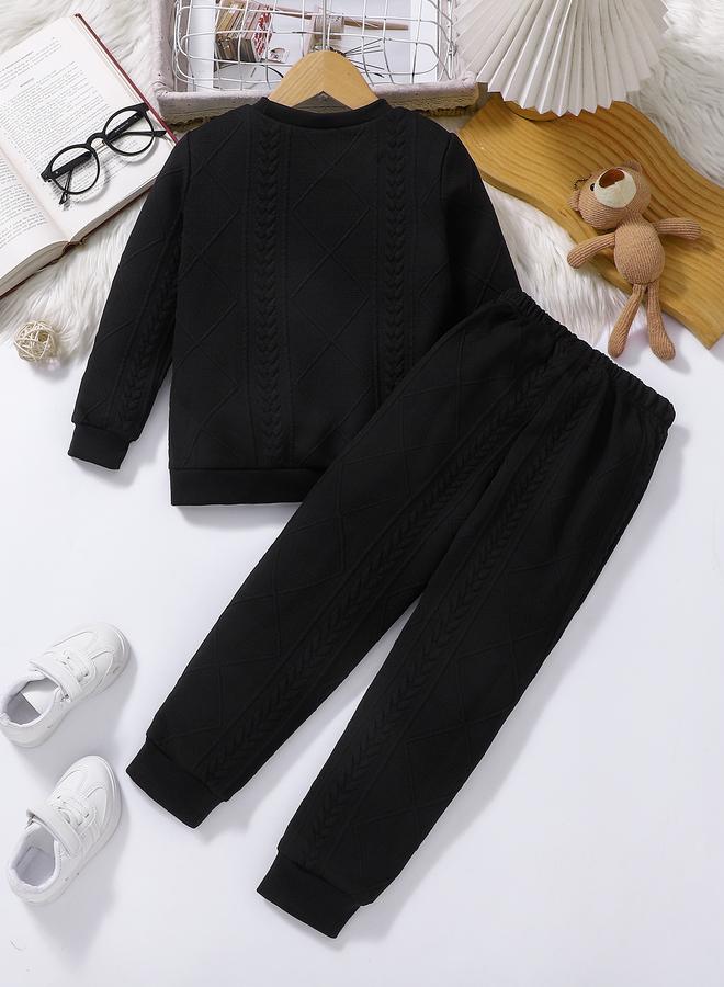 Take Two Styli Black Textured Bear Patchwork Sweatshirt and Joggers Set - Image 2