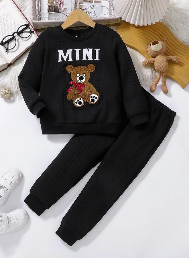 تايك تو Take Two Black Textured Bear Patchwork Sweatshirt and Joggers Set