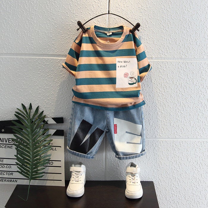 Boys Summer Short-sleeved suit 2024 New Fashionable Boys Baby Clothes Trendy Childrens Fashionable Handsome Two-piece Set Brown