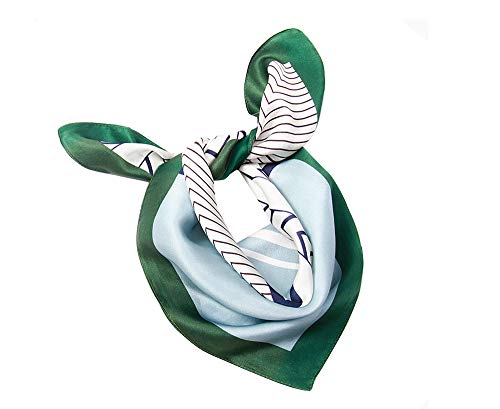 MEISEE Pure Natural Mulberry Silk Scarfs Women Small Square Scarf 21" x 21" Breathable Lightweight Neckerchief Printed Headscarf (Blue and white + green edge) - Image 1