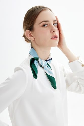 MEISEE Pure Natural Mulberry Silk Scarfs Women Small Square Scarf 21" x 21" Breathable Lightweight Neckerchief Printed Headscarf (Blue and white + green edge) - Image 2