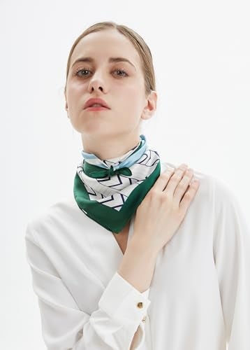 MEISEE Pure Natural Mulberry Silk Scarfs Women Small Square Scarf 21" x 21" Breathable Lightweight Neckerchief Printed Headscarf (Blue and white + green edge) - Image 4