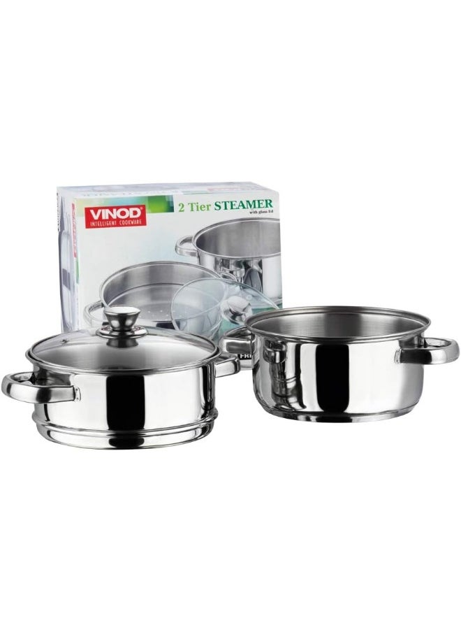 VINOD - Stainless Steel 2 Tier/Momo/Modak Maker/Vegetable Steamer with Glass Lid & Riveted Handles - 20 cm - Image 1