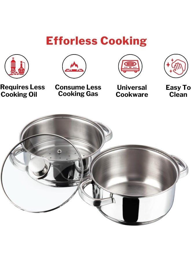 VINOD - Stainless Steel 2 Tier/Momo/Modak Maker/Vegetable Steamer with Glass Lid & Riveted Handles - 20 cm - Image 1