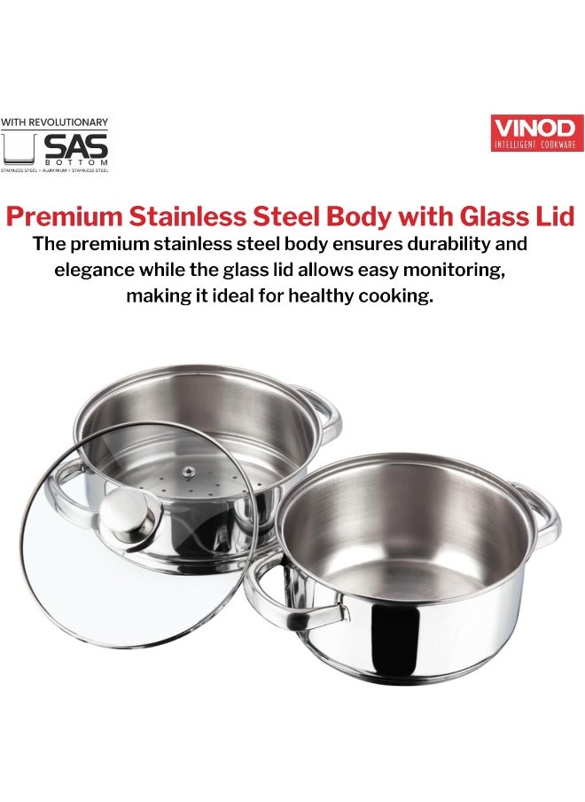 VINOD Stainless Steel 2 Tier/Momo/Modak Maker/Vegetable Steamer with Glass Lid & Riveted Handles - 20 cm  - Image 4