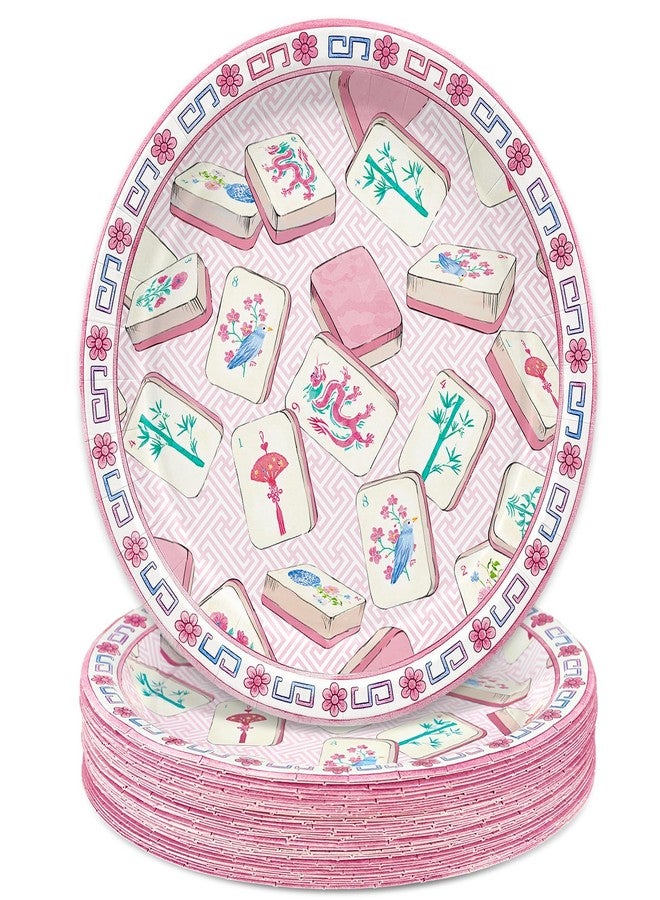 FYSUIMU Mahjong Paper Plates Pink Chinoiserie Mahjong Disposable Plates 9 Inch Decorative Dessert Plate for Baby Bridal Shower Wedding Birthday Party Game Night Table Decor, 40 Pcs - Image 1