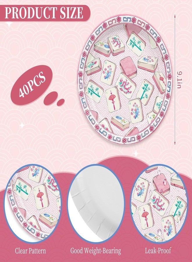 FYSUIMU Mahjong Paper Plates Pink Chinoiserie Mahjong Disposable Plates 9 Inch Decorative Dessert Plate for Baby Bridal Shower Wedding Birthday Party Game Night Table Decor, 40 Pcs - Image 2