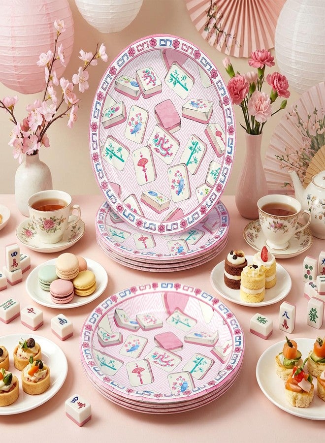 FYSUIMU Mahjong Paper Plates Pink Chinoiserie Mahjong Disposable Plates 9 Inch Decorative Dessert Plate for Baby Bridal Shower Wedding Birthday Party Game Night Table Decor, 40 Pcs - Image 3