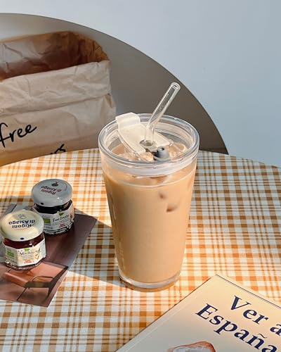 Olvini 15oz Glass Tumbler with Straw and Lid, Cute Iced Coffee Cups, Aesthetic Glass Cups, Coffee Tumbler, Water Cup, Matcha Cup, Drinking Glasses (Clear) - Image 5