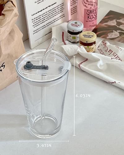 Olvini 15oz Glass Tumbler with Straw and Lid, Cute Iced Coffee Cups, Aesthetic Glass Cups, Coffee Tumbler, Water Cup, Matcha Cup, Drinking Glasses (Clear) - Image 4