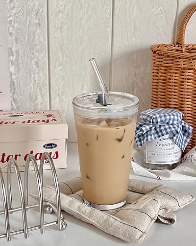 Olvini 15oz Glass Tumbler with Straw and Lid, Cute Iced Coffee Cups, Aesthetic Glass Cups, Coffee Tumbler, Water Cup, Matcha Cup, Drinking Glasses (Clear) - Image 3