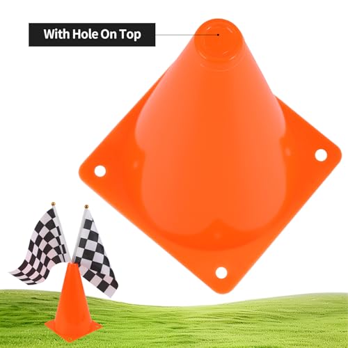 ZICRO Mini Traffic Cones（With Hole on Top）with Racing Checkered Flags, Sports Safety Cones for Soccer Cones and Basketball Practice Equipment - Mini Orange Cones for Soccer Practice and Small Driving Practice Cones.Race Car Birthday Party Supplies, Kids Gift. (6PCS Cones) - Image 4