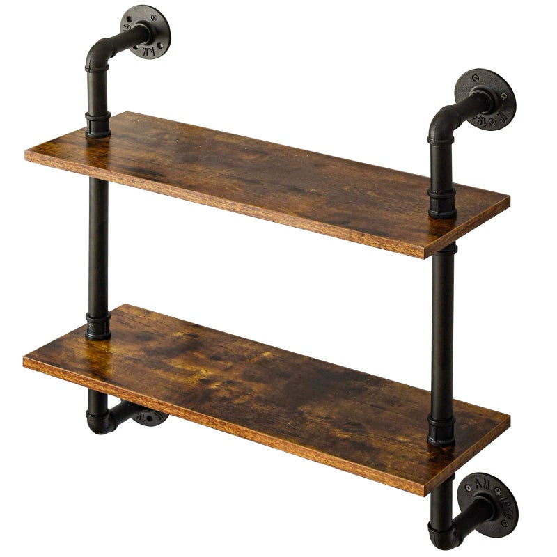 YMYNY Industrial Pipe Shelf Bracket 2 Tiers Retro Wall Mounted Floating Shelf Wood DIY Bookshelf Storage Shelves for Living Room Bedroom 24 Farmhouse Bathroom Shelving HDUHRFTM004