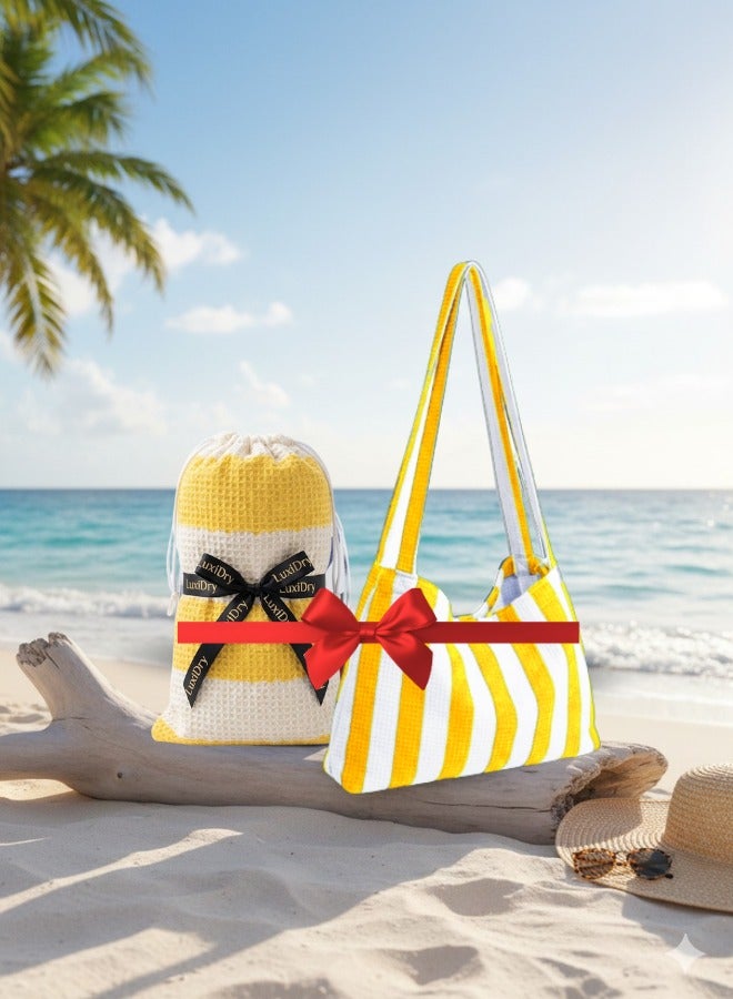 بيرل كوست انترناشيونال Beach Towels & Beach Bag Combo, Pack of 2 | 80% Polyester and 20% Polyamide Towels | Quick Dry, Super Absorbent (Yellow and White) - Image 1