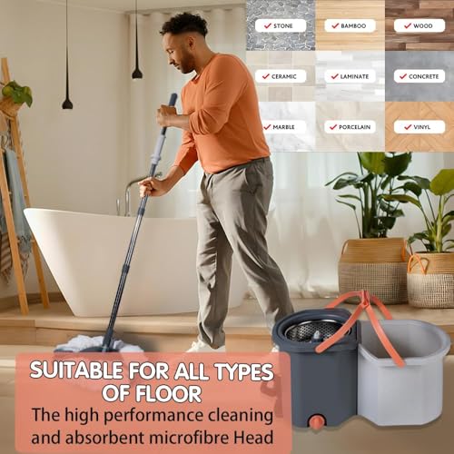 Exvito EasyWring Microfiber Spin Mop & Bucket Floor Cleaning System – Hands-Free Wringing, Super Absorbent Microfiber Heads (2 Refills) Deep Cleaning for Home & Office Use (Simple White) - Image 2