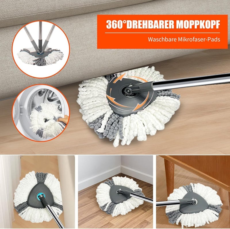 Exvito EasyWring Microfiber Spin Mop & Bucket Floor Cleaning System – Hands-Free Wringing, Super Absorbent Microfiber Heads (2 Refills) Deep Cleaning for Home & Office Use (Simple White) - Image 4
