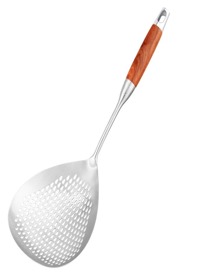 Lyveit Large Slotted Spoon with Long Wooden Handle - Lyveit 16 Inch Deep Frying Scoop with Hanging Holes, 304 Stainless Steel Fryer Skimmer Spoons for Kitchen Cooking Frying Draining - Image 1