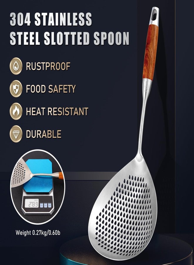 Lyveit Large Slotted Spoon with Long Wooden Handle - Lyveit 16 Inch Deep Frying Scoop with Hanging Holes, 304 Stainless Steel Fryer Skimmer Spoons for Kitchen Cooking Frying Draining - Image 3