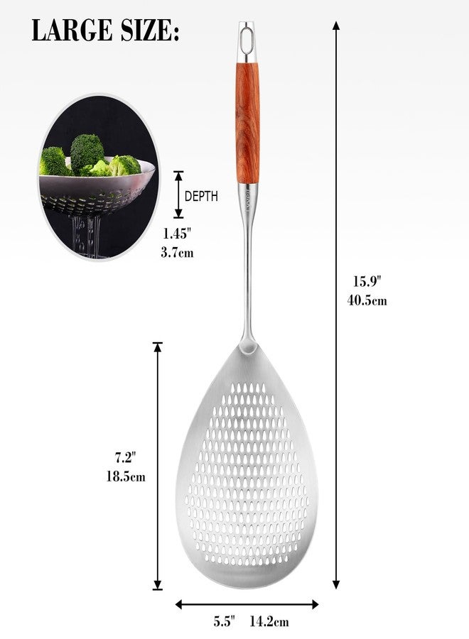 Lyveit Large Slotted Spoon with Long Wooden Handle - Lyveit 16 Inch Deep Frying Scoop with Hanging Holes, 304 Stainless Steel Fryer Skimmer Spoons for Kitchen Cooking Frying Draining - Image 4