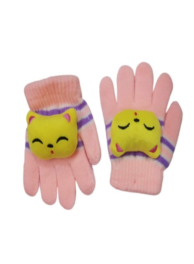 NIUE 1Pair Acrylic Woolen Winter Gloves for Baby Girls & Baby Boys Toddler Cute Cat Design Gloves (Peach,1-3 Years Old) - Image 2