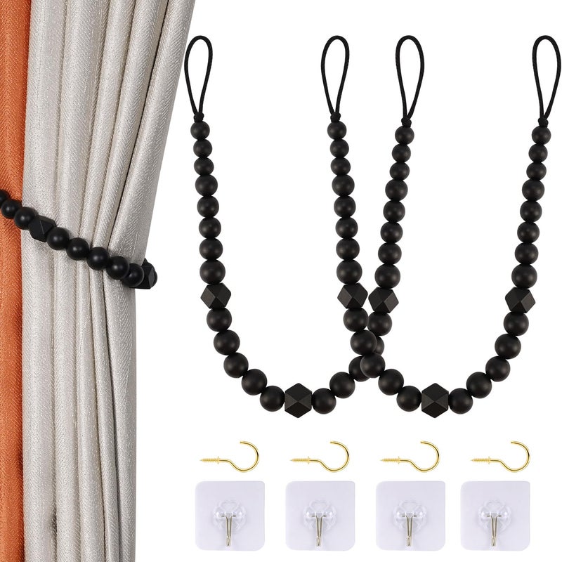 KLOGTSIND Wood Bead Curtain Tiebacks, KLOGTSIND Set of 2 Curtain Holdbacks for Thin or Thick Window Draperies, Boho Farmhouse Curtain Tiebacks with Hooks, Curtain Tie Backs for Home Office Room Decor - Image 1