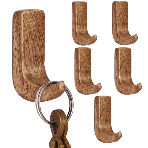 Indian-Shelf 6 Pack Wooden Adhesive Hooks - Heavy Duty Stick on Hooks for Wall, Bathroom Hangers for Clothes Without Drill, Towel Hook & Key Holder for Kitchen - Image 1