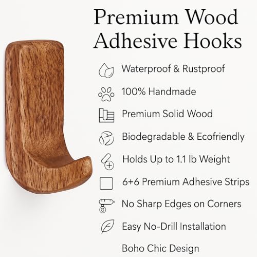 Indian-Shelf 6 Pack Wooden Adhesive Hooks - Heavy Duty Stick on Hooks for Wall, Bathroom Hangers for Clothes Without Drill, Towel Hook & Key Holder for Kitchen - Image 4
