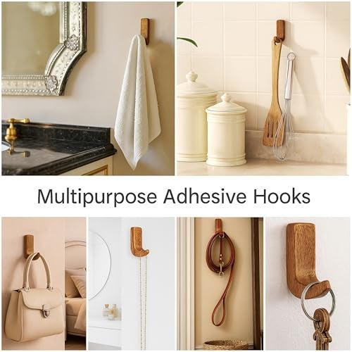 Indian-Shelf 6 Pack Wooden Adhesive Hooks - Heavy Duty Stick on Hooks for Wall, Bathroom Hangers for Clothes Without Drill, Towel Hook & Key Holder for Kitchen - Image 2