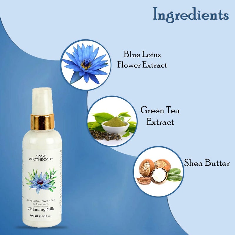 Sage Apothecary Sage Apothecary Blue Lotus Green Tea Aloe Vera Extract Cleansing Milk for Soft Deep Pore Removal of Impurities MakeupRefresh Energizing Healthy Glowing Face Pack of 100ML - Image 4