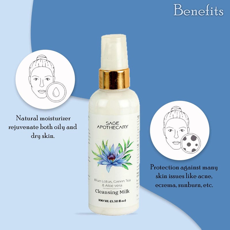 Sage Apothecary Sage Apothecary Blue Lotus Green Tea Aloe Vera Extract Cleansing Milk for Soft Deep Pore Removal of Impurities MakeupRefresh Energizing Healthy Glowing Face Pack of 100ML - Image 2