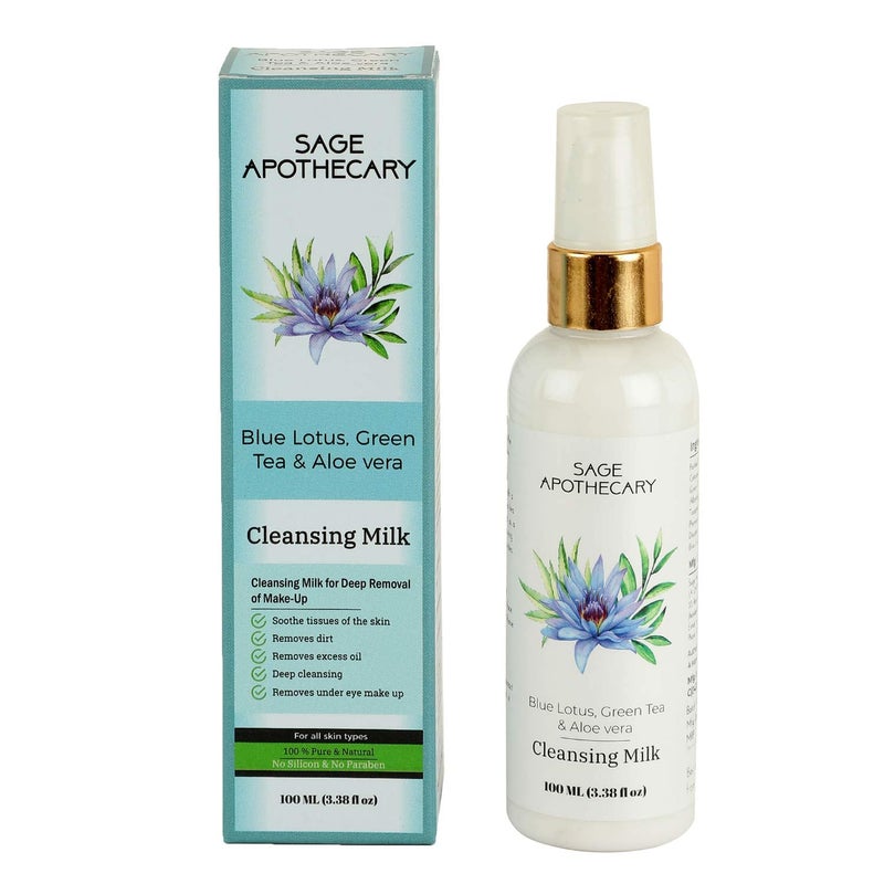 Sage Apothecary Sage Apothecary Blue Lotus Green Tea Aloe Vera Extract Cleansing Milk for Soft Deep Pore Removal of Impurities MakeupRefresh Energizing Healthy Glowing Face Pack of 100ML - Image 1