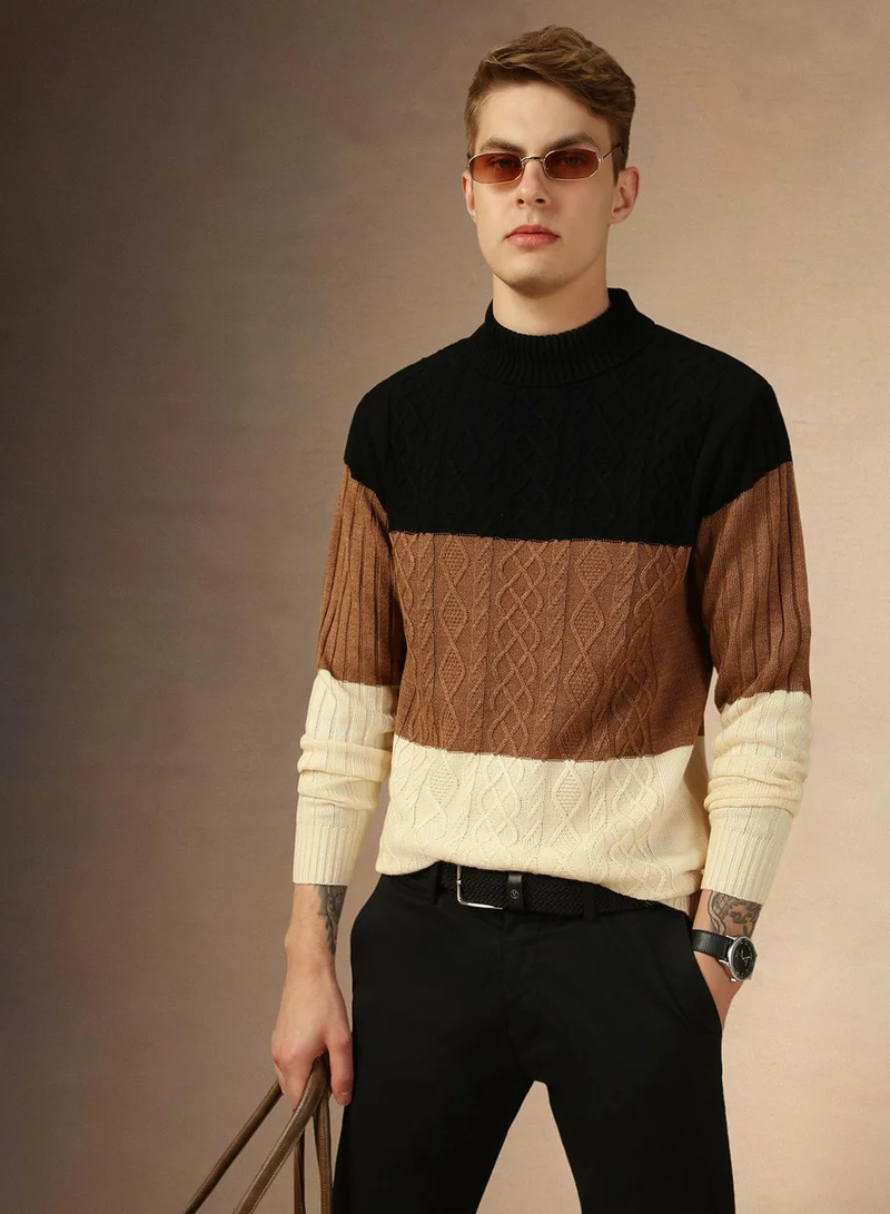 Dennis Lingo Men's Beige 100% Acrylic Colour Blocked Regular Fit Sweater