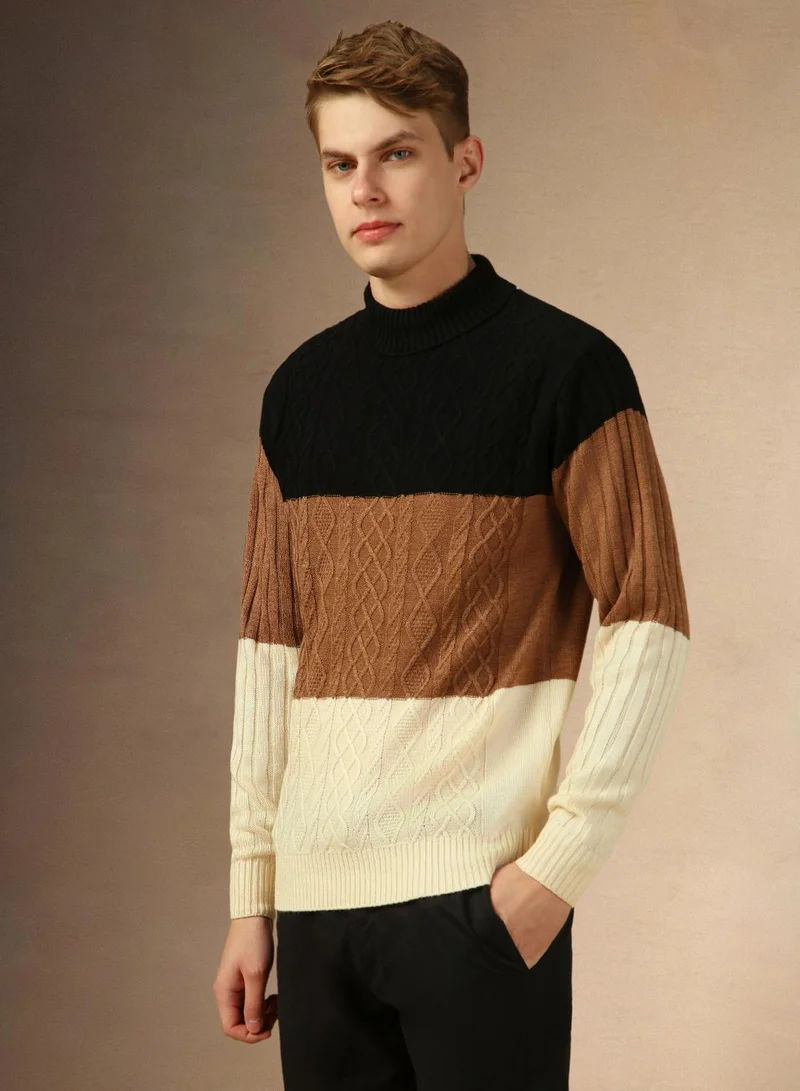 Dennis Lingo Men's Beige 100% Acrylic Colour Blocked Regular Fit Sweater